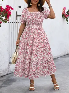 Plus Size French Square Neck Bubble Sleeve Ditsy Floral Dress, Summer Casual Cinched Waist Slimming A-Line Cake Long Dress, Women's Fashion