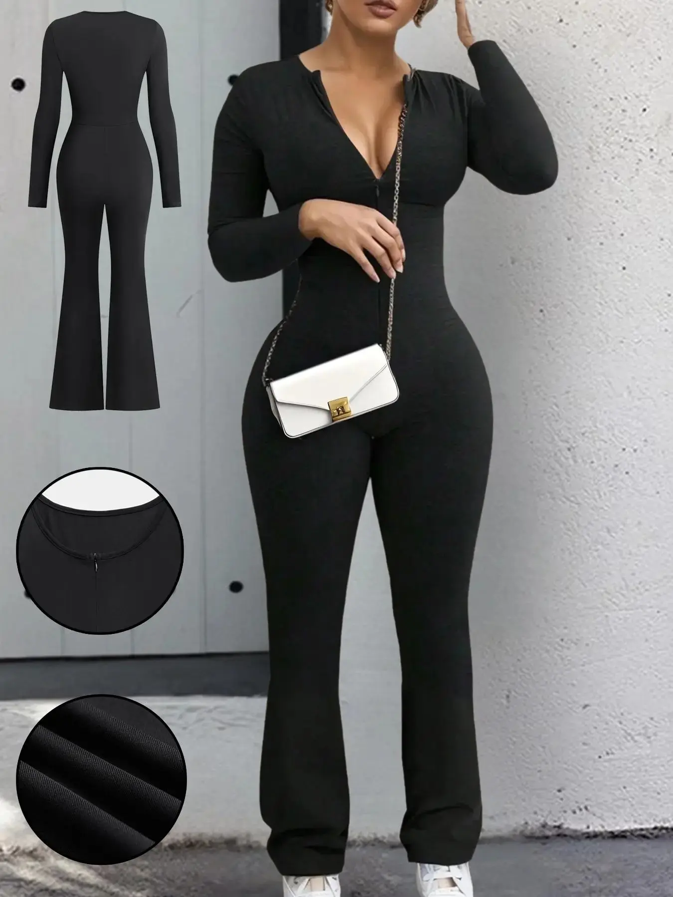 Women's Solid Zip Up Flare Leg Jumpsuit, Casual Comfy Long Sleeve Round Neck Jumpsuit for Fall & Winter, Women's Clothes for Daily Wear, Fall Outfits, Fallfreshness, Jumpsuit for Women, Winter Clothes Women Downtown Girl Clothes Valentine's Day, gift