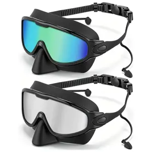 Adult Swimming Goggles with Nose Clip and Ear Plugs, Diving Swimming Goggles, Wide Vision Anti-Fog UV Protection, Leak-Proof Snorkel Mask for Men and Women, Water Goggles, Swim Glasses