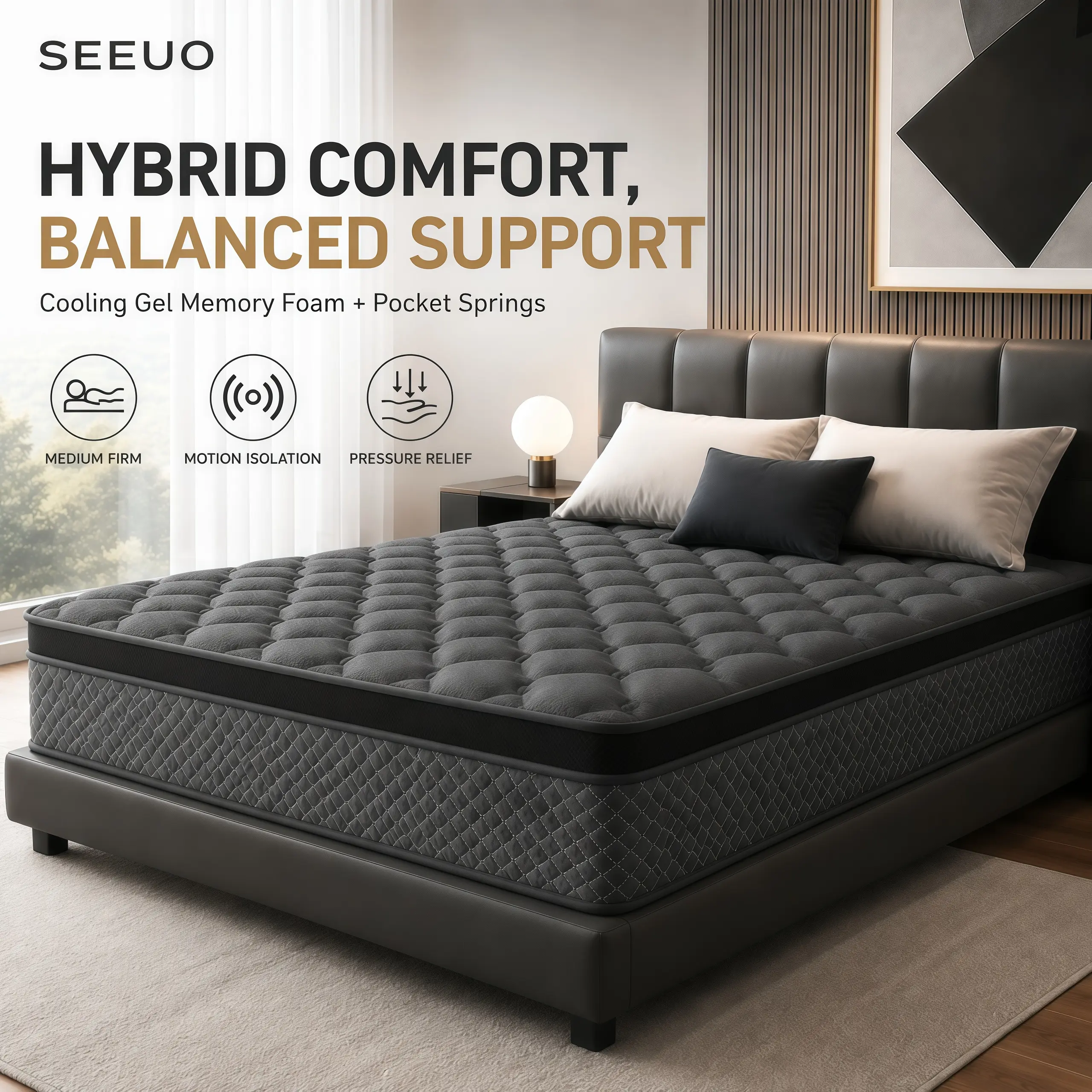 SEEUO Hybrid Mattress in a Box, Cooling Gel Memory Foam & Pocket Springs, Medium Firm, Motion Isolation, Pressure Relief, Twin Full Queen King, 10/12/14 Inch