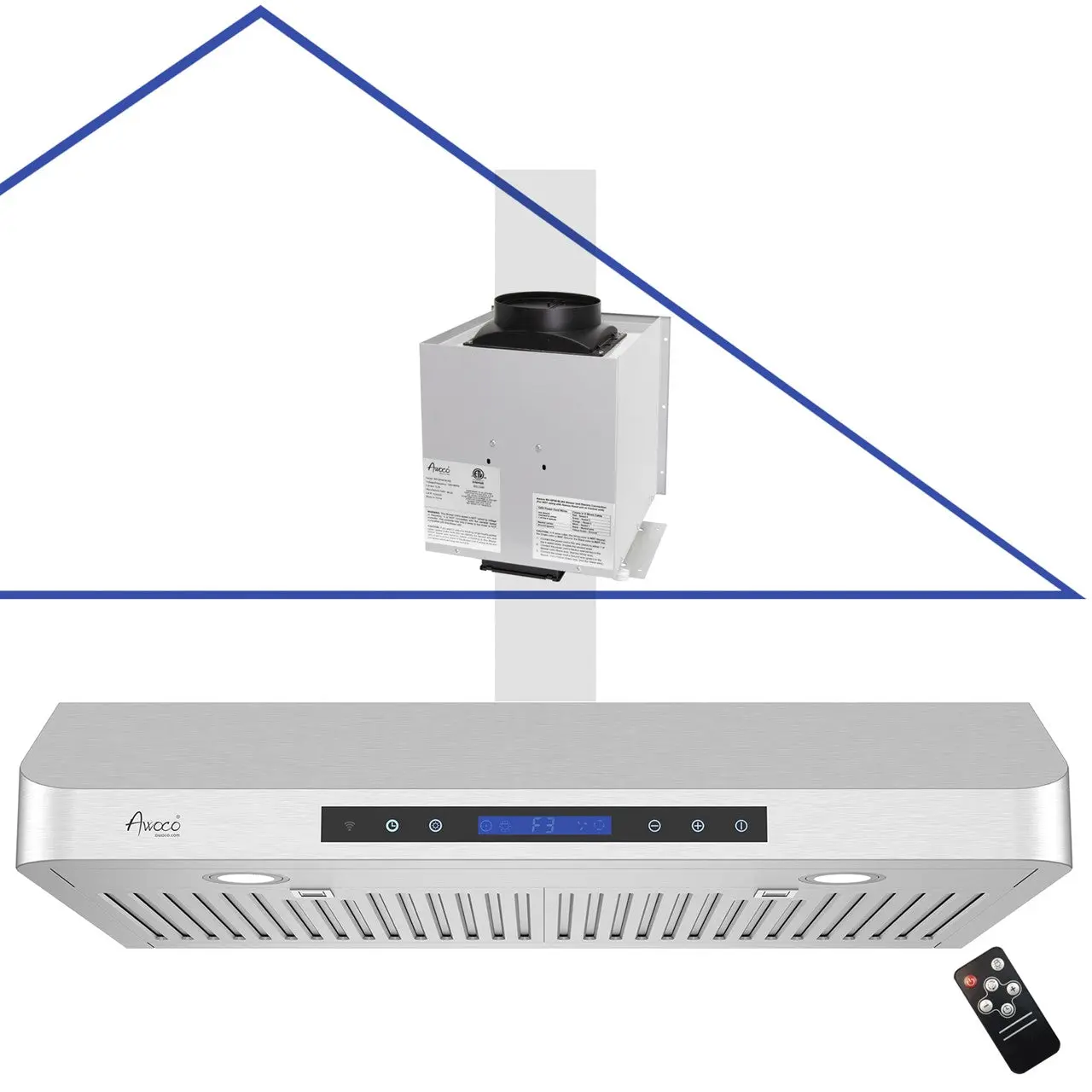 Awoco Super Quiet Range Hood, Split Undercabinet, Stainless Steel, 4 Speeds, 6" Round Top Vent, 800CFM, with LED Lights, RH-SP06-T