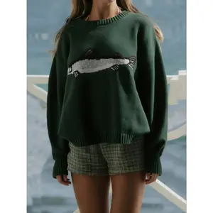 Women's Fish Shark Pattern Y2K Long Sleeve Round Neck Loose Vintage Sweater Pullover, Casual Spring & Fall Fashion, Moderate Fabric Thickness