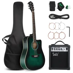 Glarry Full Size 6 Strings Acoustic Electric Guitar Beginner Kit w/ 15W Amp, Cutaway 41 Inch Electric Acoustic Guitar w/Inbuilt Tuner, Bag, Strap, Picks, Strings, Basswood Guitarra, Distressed Green