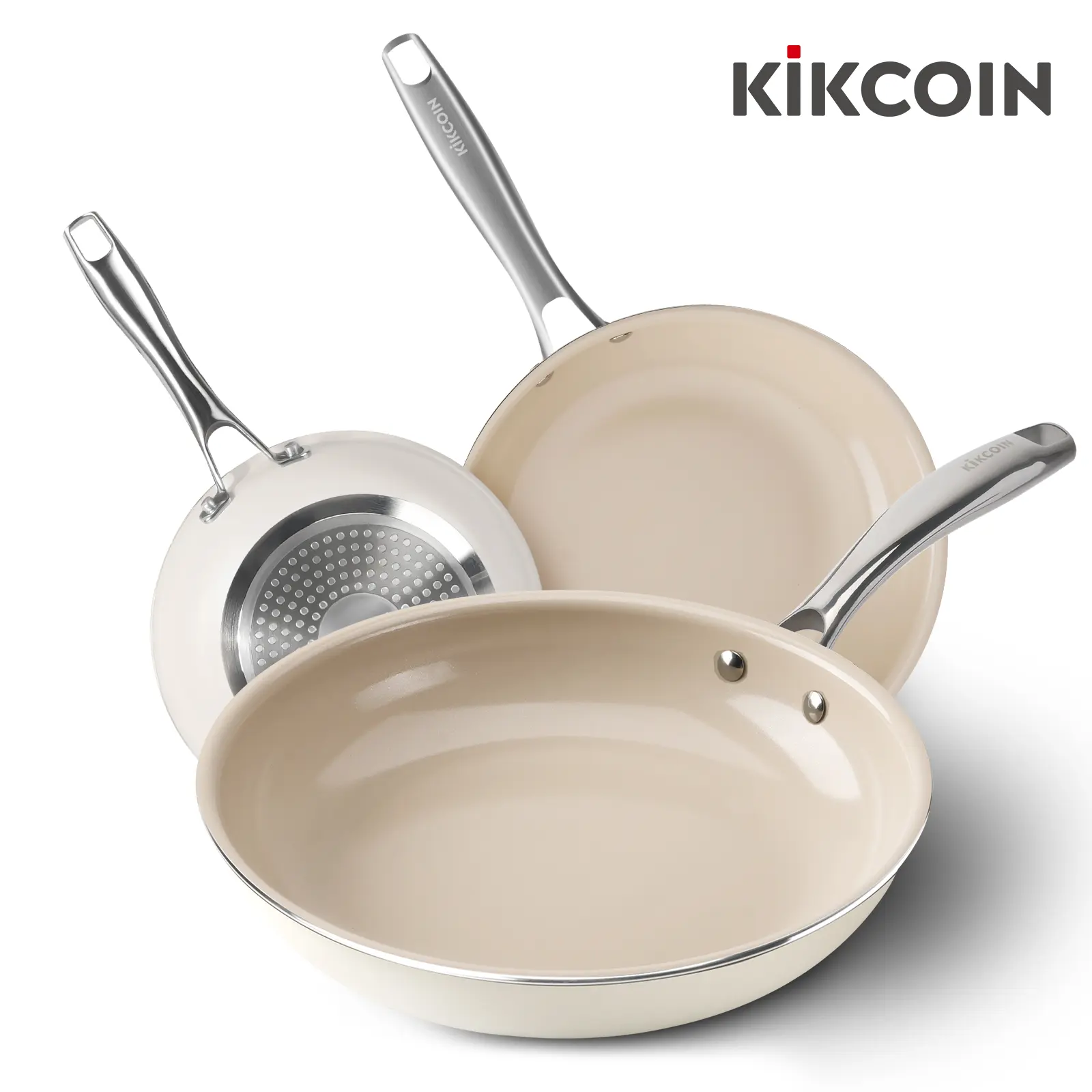 【SummerWins】Kikcoin 3-Piece Ceramic Nonstick Frying Pan Set – 8" 9.5" 11", PFAS/PTFE/PFOA Free, Non-Toxic, dishwasher safe,Stay-Cool Stainless Steel Handle, Dishwasher & Oven Safe