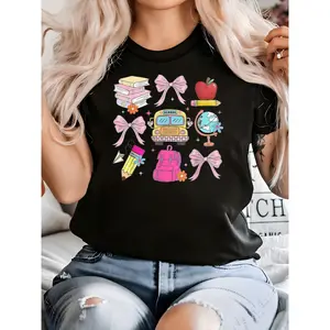 Back to School Coquette Teacher Women's Crew Neck Short Sleeve T-Shirt 100% Cotton Cute Kindergarten PreK Print T-Shirt