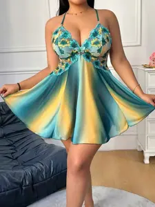 Plus Size Women's Mesh Backless Tank Nightgown, Embroidered Rainbow Gradient Print, Sexy Summer Homewear, Comfortable Fashion Design