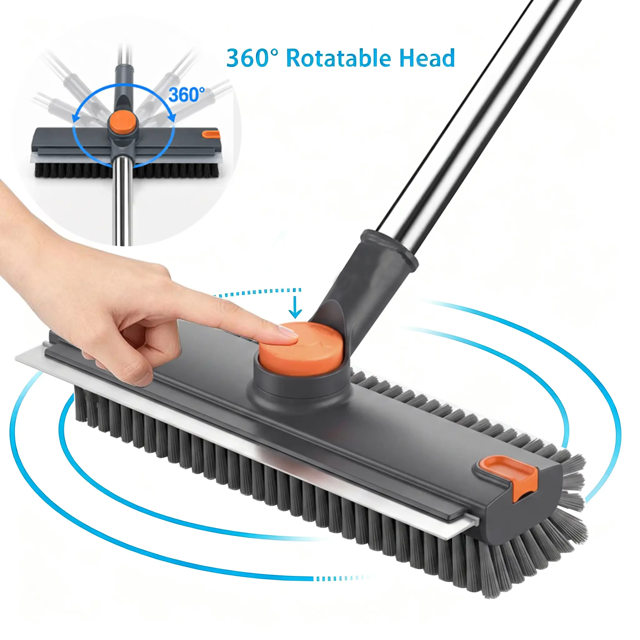 3-in-1 Floor Scrub Bathtub Brush with Long Handle,multi-angle rotation, Double-Sided, Heavy-Duty Stiff Bristles & Squeegee – Scrape & Scrub for Shower, Bathroom, Patio, Garage, Kitchen, Wall & Deck – Home Cleaning Essentials
