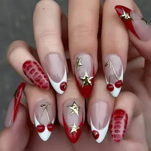 24pcs Almond French Press-On Nails, Cherry Star Leopard Print Design, Glossy Medium Length, Women's Fashion Nail Tips, Almond Fake Nails