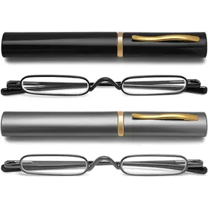 2 Pairs Mini Reading Glasses Compact Spring Hinged Slim Pocket  with Pen Clip for Easy Carry +2.5