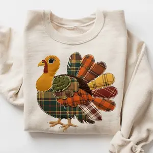 Faux Stitched Patchwork Turkey Sweatshirt – Gildan 18000 Fall Thanksgiving Crewneck - Cute Thanksgiving Sweatshirts