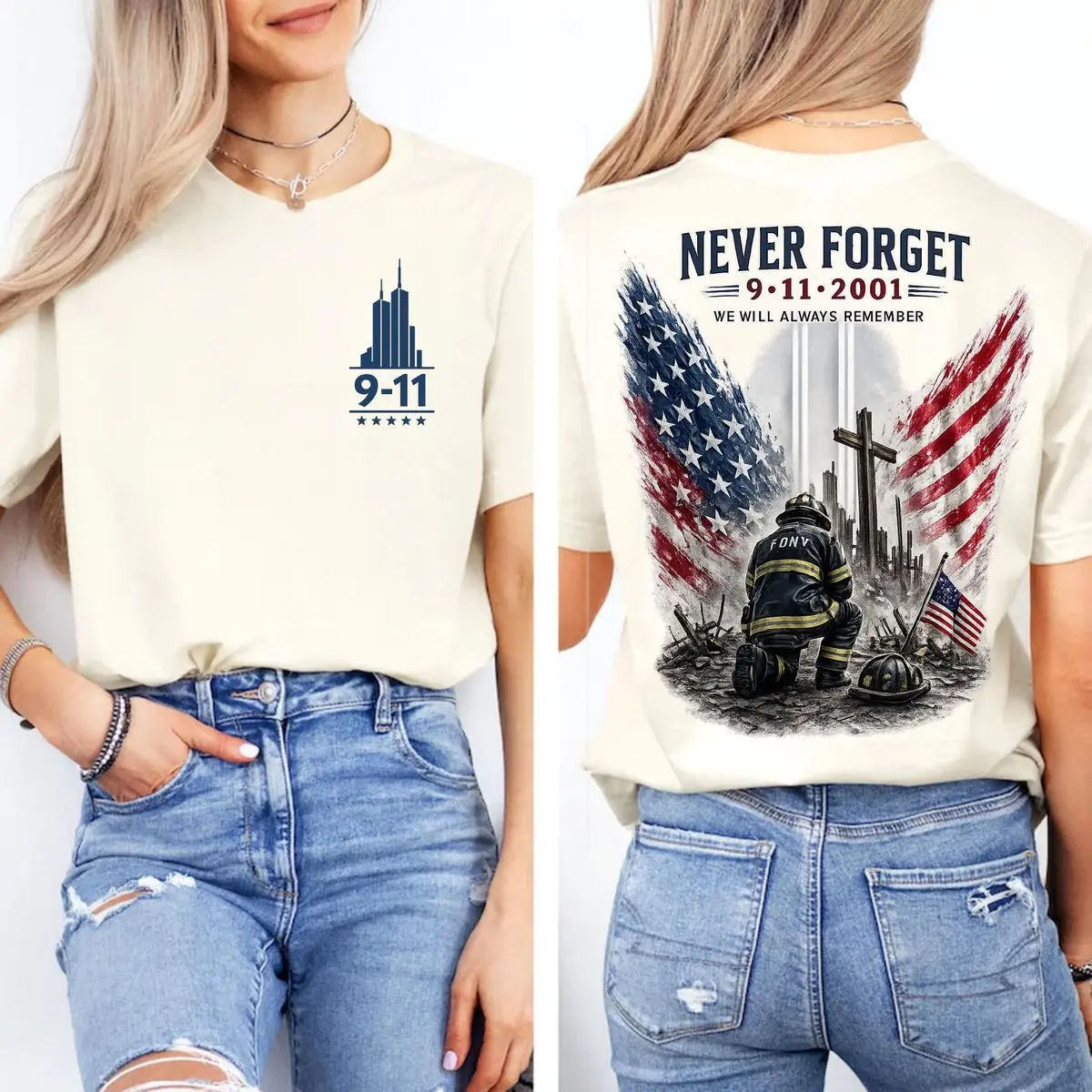 9/11 Never Forget Shirt Sweatshirt Hoodie, Firefighter Memorial Back Print Tee, September 11 Remembrance Shirt, Patriot Day American Flag Tribute, Casual Clothing Crewneck Tee Printed