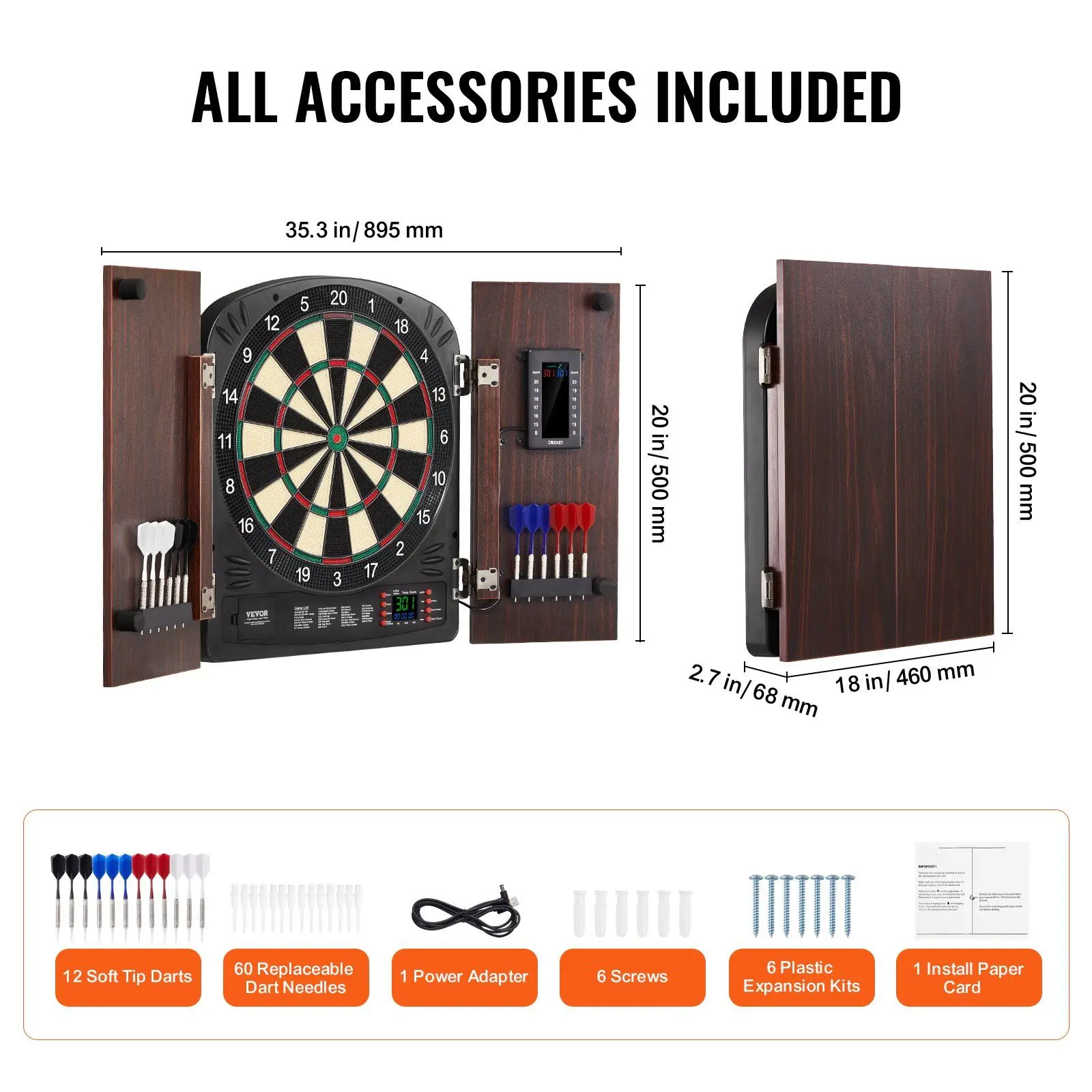VEVOR Vintage Dartboard and Cabinet Set with Cardboard Dartboard, Scoreboard, LED Display, All Accessories - Easy Assembly for Game Room