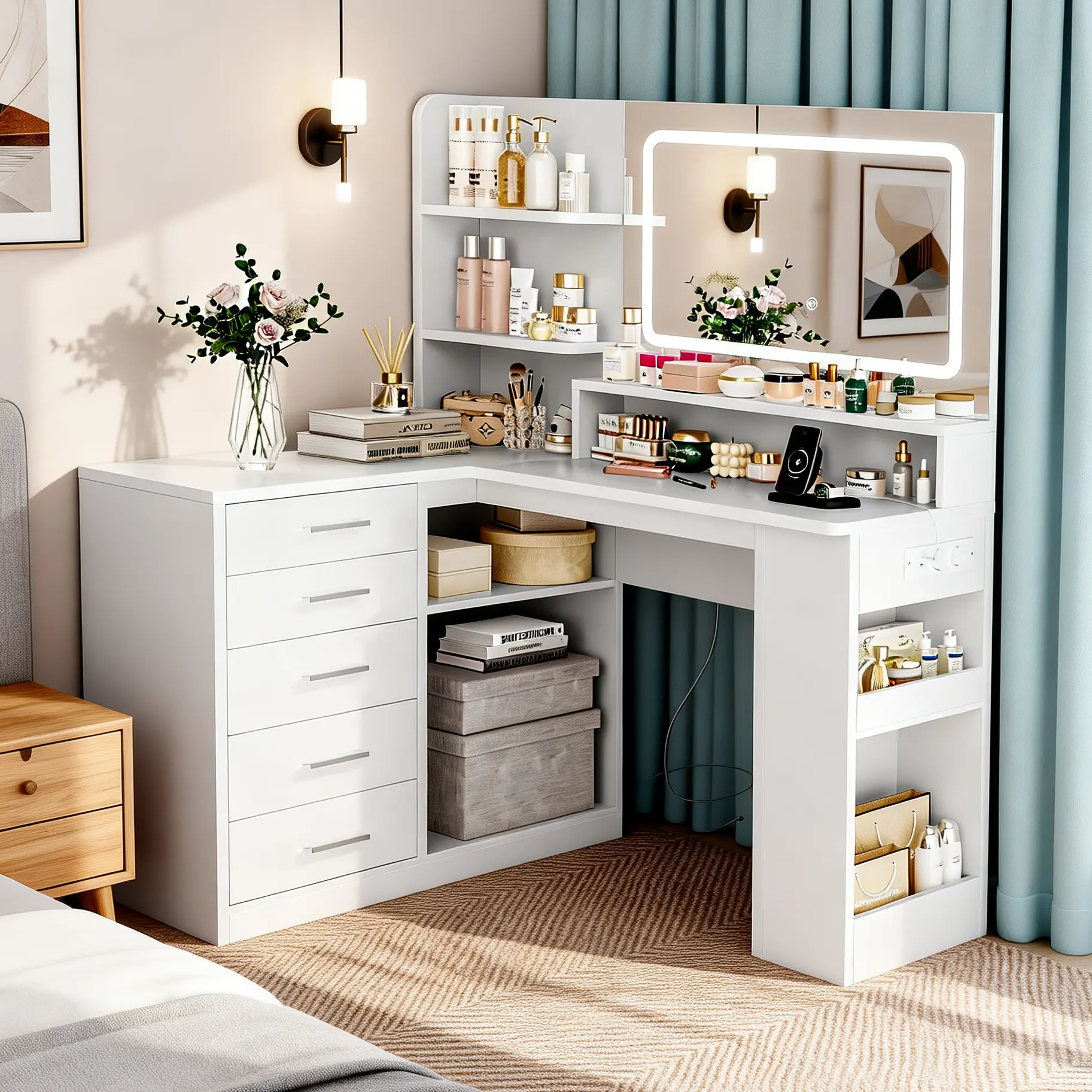 White L-Shape Vanity Desk with LED Light Mirror, Power Outlet, 5 Drawers & 4 Open Storage Shelves – Corner Makeup Dressing Table for Bedroom