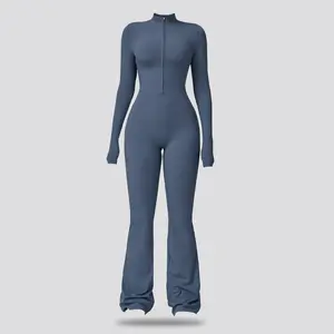 Women's Long Sleeve Flared Sports Jumpsuit - Zipper Jumpsuit, Wide Leg body suit, Sexy One-Piece Yoga Jumpsuit, Fitness Activewear for the Gym, Pilates, Casual or Street Wear, Tennis Skirt with Shorts and Tie-Front Activewear sporty yoga set
