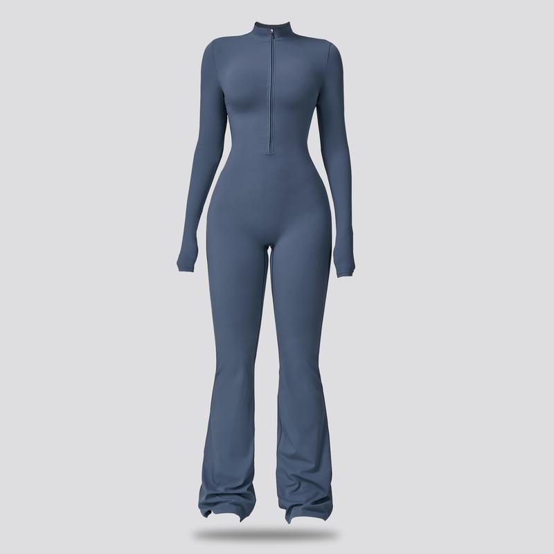 Women's Long Sleeve Flared Sports Jumpsuit - Zipper Jumpsuit, Wide Leg body suit, Sexy One-Piece Yoga Jumpsuit, Fitness Activewear for the Gym, Pilates, Casual or Street Wear, Tennis Skirt with Shorts and Tie-Front Activewear sporty yoga set