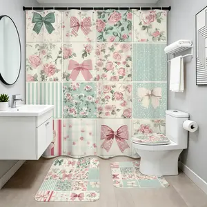 1pc/4pcs Bow Floral Shower Curtain Set Cute Flower Green Leaf Botanical Plants Girly Lovely Elegant Pretty Shower Curtain with Hooks Non-Slip Bathroom Toilet U-Shaped Cover Bathroom Decor and Additions