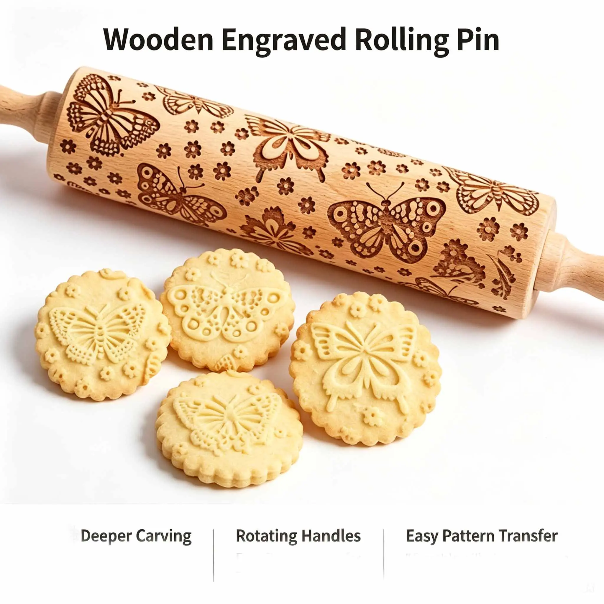 Butterfly Embossed Wooden Rolling Pin 35cm Flower Long Rolling Pin for Baking Biscuits 3D Pattern DIY Kitchen Tool Baking Accessories Homemade Bakery Pastry Cookie Fondant Dough Pizza