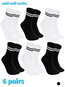 Men's 6 Pairs Mid-Calf Striped Socks, Soft Breathable Fabric, Ideal for Daily Outdoor Casual Entertainment Sports, Versatile Comfort