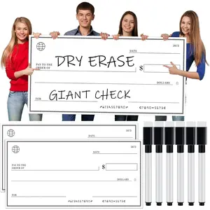 2 Pcs Giant Dry Erase Large Check for Presentations with 6 Pcs Erasable Pens Oversized Award Check for Endowment Donations Fundraiser(16" x 32")