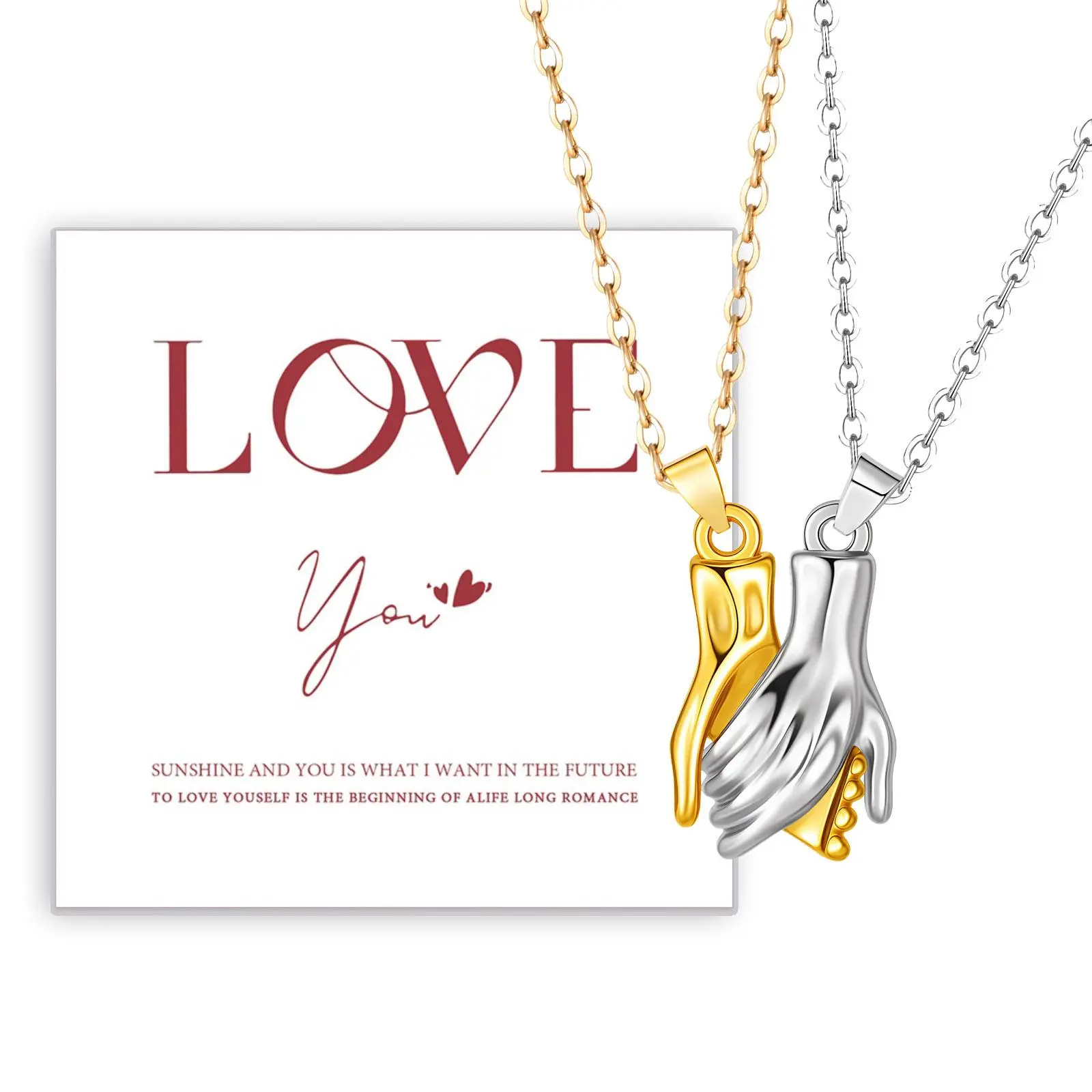 Vnox 2pcs/set Magnetic Holding Hands Couple Necklace, Sliver Gold Color O-Chain Valentine‘s Day Anniversary Gift with Card