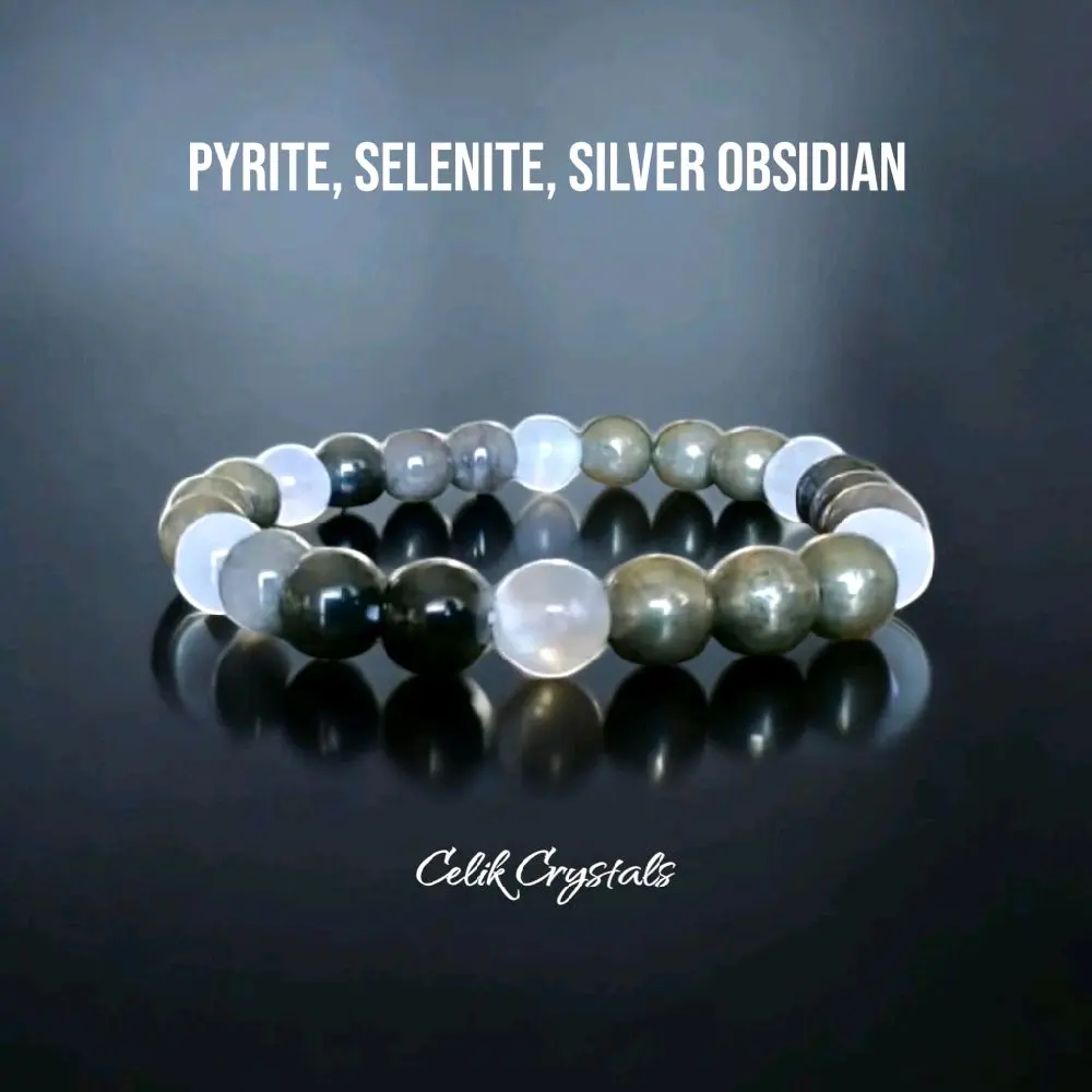 Natural Crystal Bracelet with Pyrite, Silver Obsidian & Selenite, 8mm Stretchy Beaded Design for Men & Women, Intuitively Chosen Stones for Triple Protection, Intuitively Chosen Crystals, Adults, Helps Deflect Negativity
