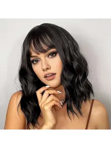 80% Synthetic Hair Wig-Natural Black Wigs With Bangs Short Bob Wig Shoulder Length For Women Girl Loose Wavy Wig Heat Resistant Fiber Hair For Daily Party Halloween Cosplay