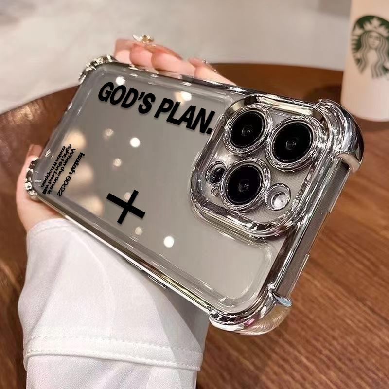 Unique GOD'S PLAN Patterns Electroplated Phone Case With Four-Corner Airbag Electroplated Featuring A High-Transparent Tpu Back With Reinforced Shock-Absorbent Airbags And Shiny Electroplated Frame For iphone 17 16 15 14 13 12 11 SAMSUNG S25 24 23 22