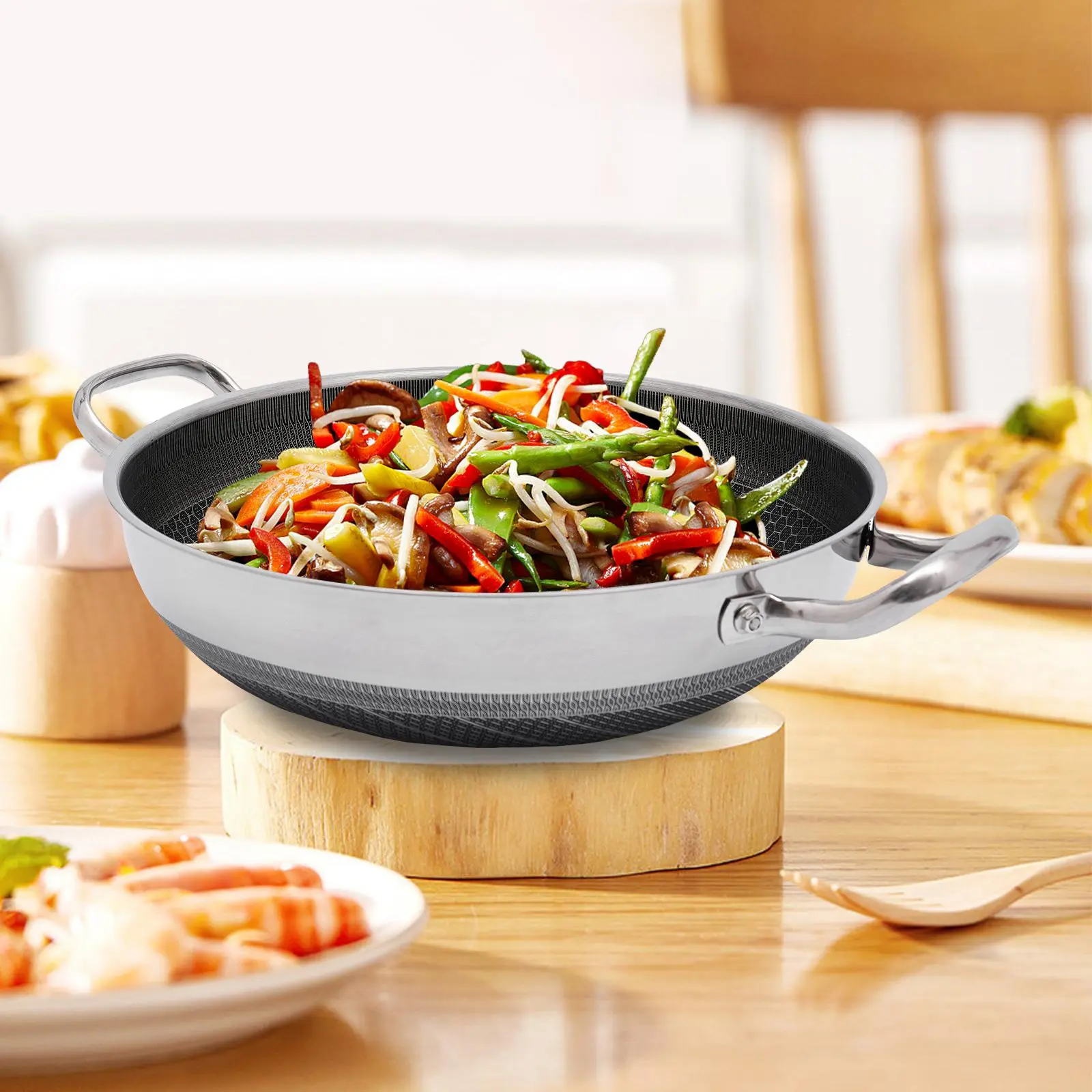 12.59in Stainless Steel Round Paella & Stir-Fry Pan with Lid, Honeycomb Nonstick Spiral Coating, PFOA-Free, Oven Safe, Dishwasher Safe, Above 2000 ml, Gas Compatible, Red Pad, for Induction/Electric Stoves (Silver)