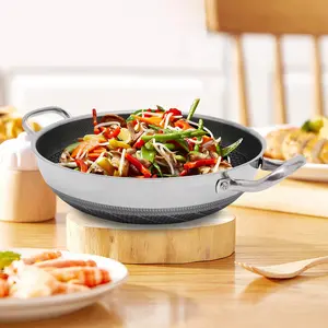 12.59in Paella Pan, Stainless Steel with Lid, Honeycomb Nonstick Coating, PFOA Free, Oven Safe, Dishwasher Safe, Induction, Gas, Electric Stove Compatible Cookware Silver