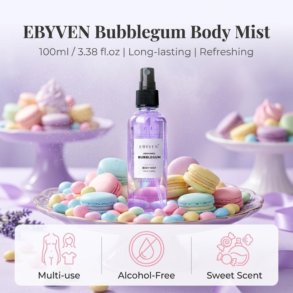 EBYVEN Bubblegum Hair & Body Fragrance Mist - Unisex Bubble Gum Perfume, Fruit-Candy-Rose-Musk Scent, Aromatic Fruity Liquid, Alcohol-Free Beauty Product, Contains Neither Alcohol, Up to 2.9 fl. oz. (100ml/3.3oz or 85ml), Single Item for Adults