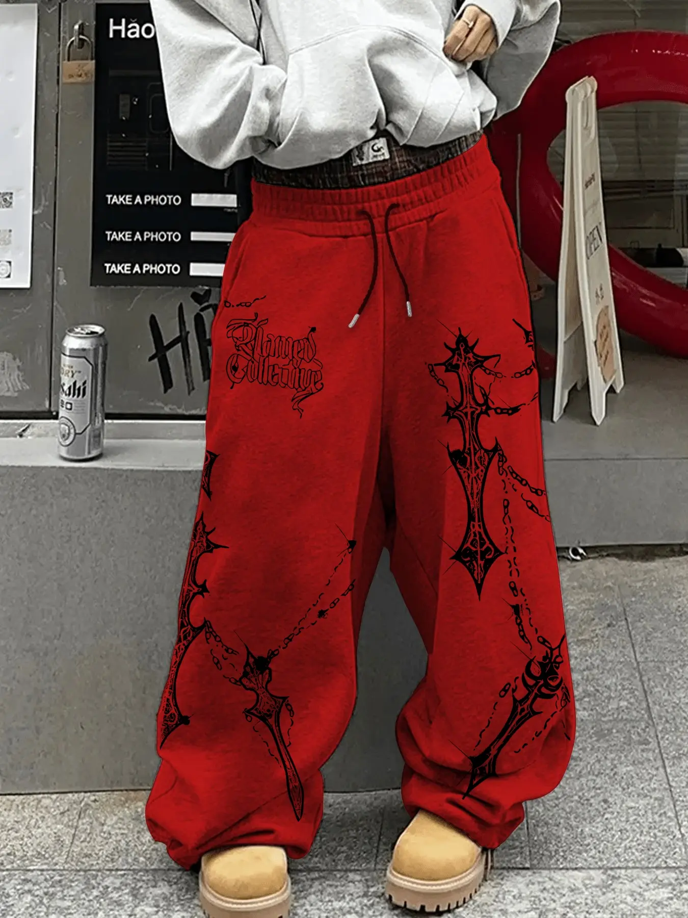 Gothic Cross Chain Print Casual Pants Unisex, Loose Straight