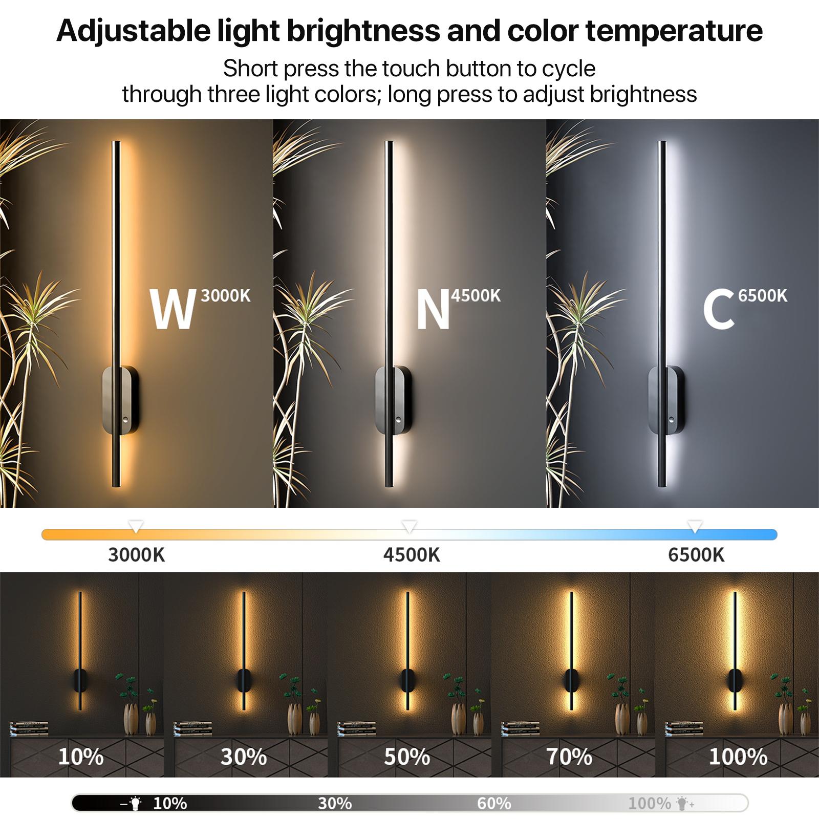 GLITGATE Battery Operated Wall Sconce Set of 2, Dimmable Battery Wall Sconce with Remote Control,3000K-6500K LED Wireless Wall Light for Bedroom,Living Room,  Black(2 Pack)