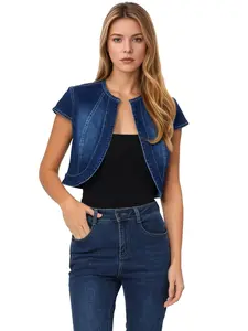 INSPIRE CHIC Crop Denim Cap Sleeve Slim Fit Summer Jean Jacket