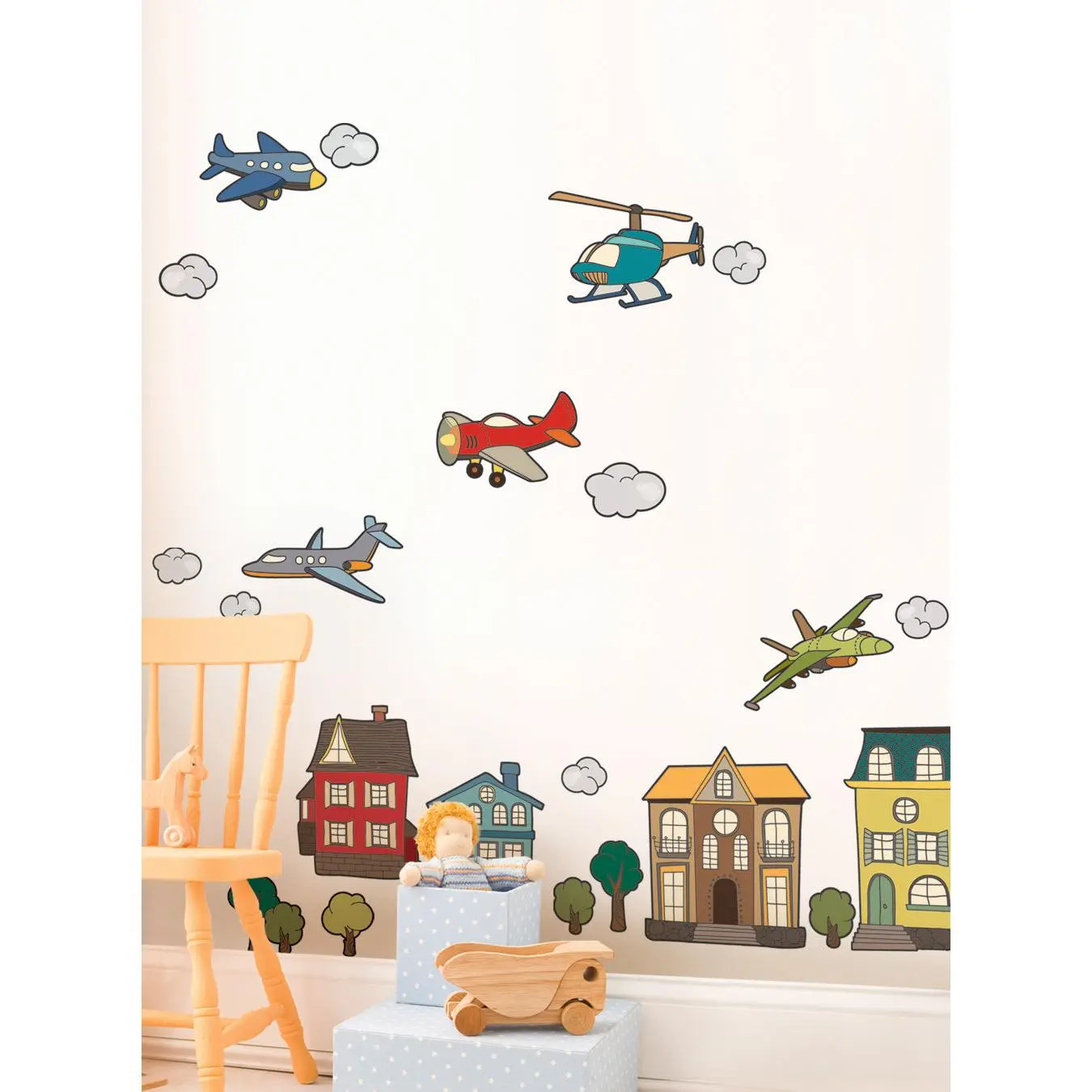 Multicolor Whimsical Airplanes & Helicopters Decorative Vinyl Auto-Adhesive Wall Stickers, Peel-and-Stick Whimsical Home Decor for Accent Wall, Home Inspo Sticker Deco