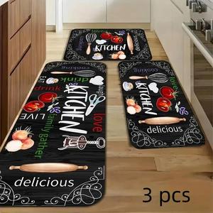 food letter kitchen utensils pattern kitchen mat, 3pcs/set kitchen floor mat, non-slip kitchen rug, kitchen decor mat, home decor, rugs for living room, kitchen accessories tools, waterproof kitchen rug