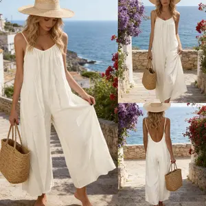 JovenPara Women's Open Back Sleeveless Spaghetti Strap Wide Leg Jumpsuits Loose Casual Outfits Summer with Pockets
