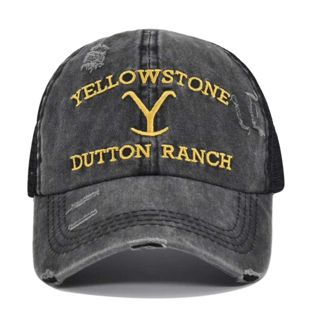 Yellowstone Dutton Ranch Embroidered Distressed Ponytail Mesh Cap, Vintage Washed Curved Brim Sun Hat, Criss Cross Ponytail Baseball Hat for Women