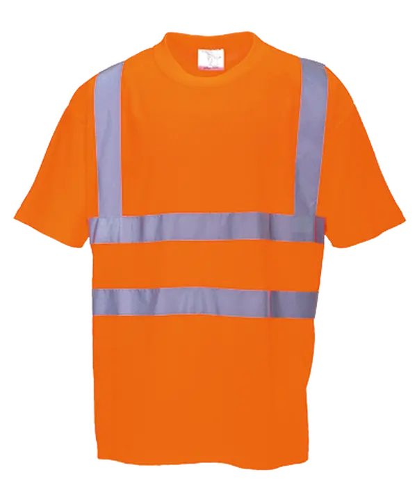 Men's Railway Standard Hi-Vis Tee, Crew Neck Work Shirt in Moisture-Wicking Birds Eye Knit Polyester with 2" Reflective Tape and Taped Neck Seam, Orange 5XL Regular, Work Wear, Polyester Knit, 35 Upf Rated