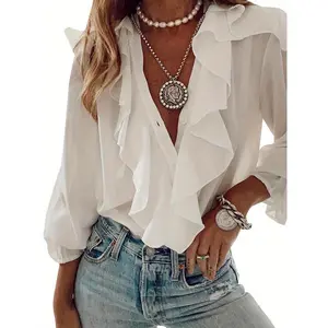 ElegantV-NeckChiffonBlouseforWomen-100%PolyesterLongSleeveShirtwithButtonFront,RuffleDetail,Comfort-FittedWomenswearFabricTopSolidWoven