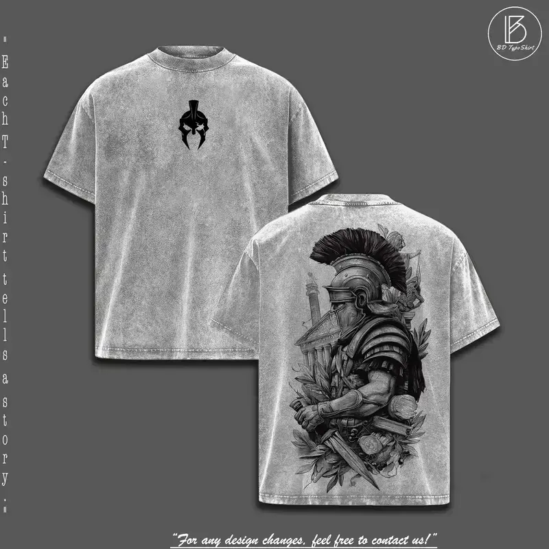 Men's Ring-Spun Heavy Soft Oversized Round Neck Short Sleeve T-Shirt - Vintage Retro Washed Spartan Warrior Bold Print, Unisex Biker Graphic Top, Casual Classic Menswear, Roman Gladiator Armor Aesthetics, Fall Streetwear Gift
