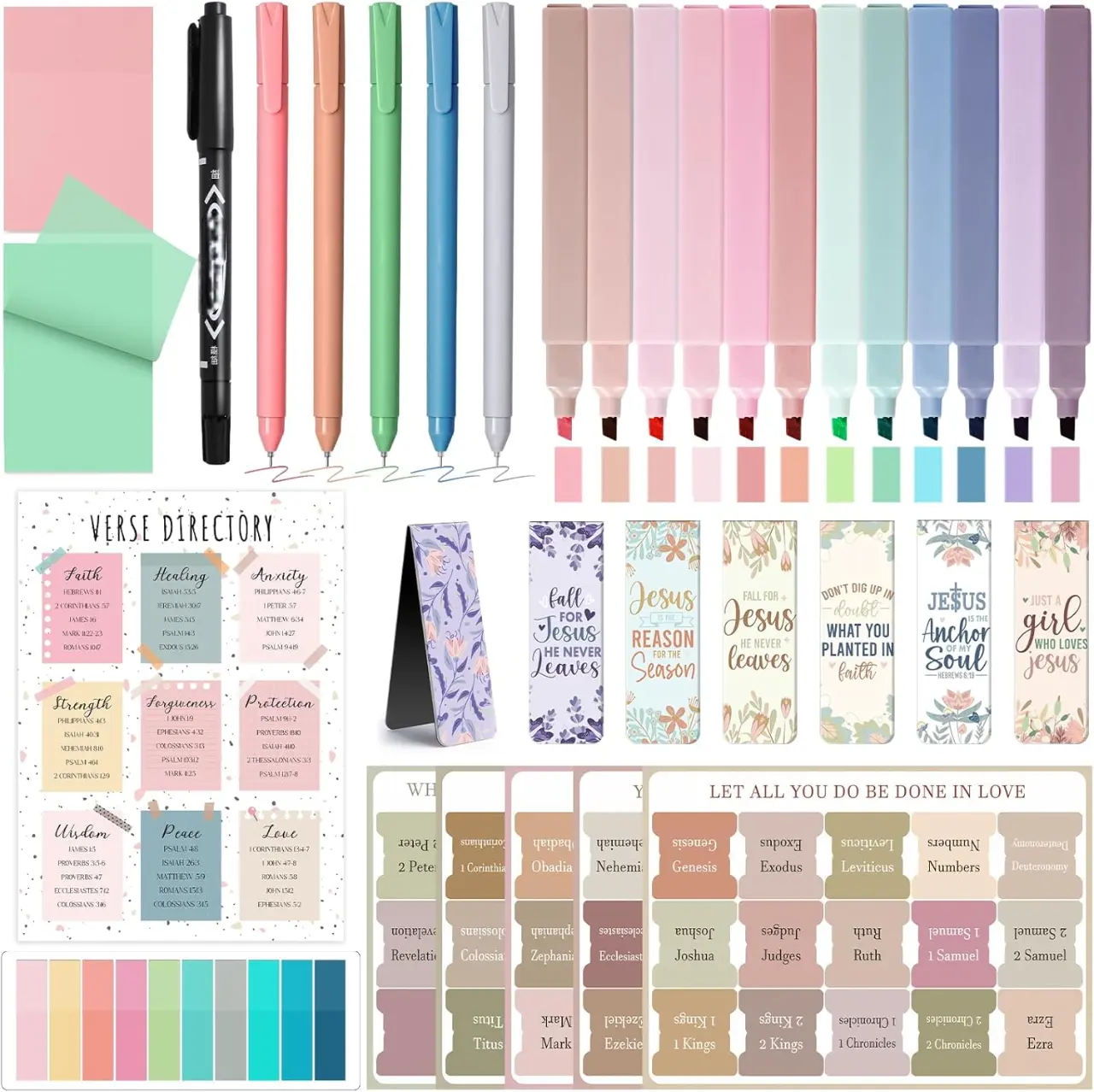 42 Pcs Bible Study Supplies Journaling Kit with Highlighters, Tabs, Bookmarks, Pens, Stickey Notes and  Bibles Verse Gifts