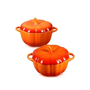Hushee 2 Pcs Pumpkin Bowl Set with Lid & Handle - Fall Pumpkin Shape Sugar Dessert Soup Ceramic Dinnerware for Thanksgiving, Halloween, Autumn Harvest, Decoration Gift Bowl