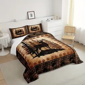 Vintage Bear & Plaid Pattern Bedding Set, 1 Count Bedspread & 2 Counts Pillowcase without Filler, Bedding Set for Bedroom, School, Hotel