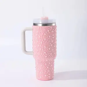 Customised Colorful Pearl Rhinestone Drink Cup 40oz Stainless Steel Tumbler Insulated Water Bottle