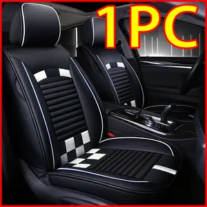 Waterproof Leather Car Seat Covers Universal Fit Black with White Checkered Design 1PC for Enhanced Protection