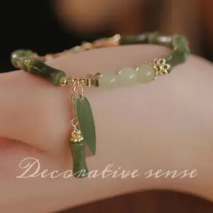 Elegant Women Transparent Green Glass Bamboo Bead Bracelet Charm Leaf Handmade Beaded Bangle Fashion Accessory Vintage Golden Butterfly Pendant Bracelet