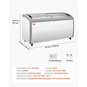 VEVOR Commercial Ice Cream Display Case, 16.3 Cu. ft Chest Freezer, -19 to 3 Temp Adjustable Mobile Top Deep Freezer with 5 Wire Baskets, 2 Sliding Glass Doors, Locking Casters LED Strip Lighting