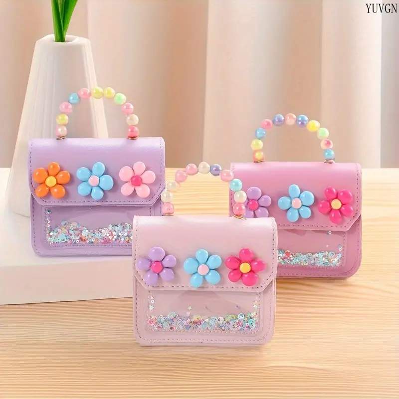Girls' Cute Floral Crossbody Bag, Glittered Mini Shoulder Purse with a Colorful Beaded Handle and Snap Closure, Colorful Purse, Cute Handbag, Beads Bag, Crossbody/Shoulder Bag tiktokshopbacktoschool