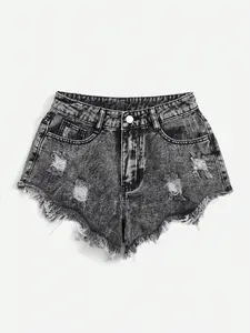 Women's Summer Hot Girl Aesthetic Style Casual Fit Ripped Denim Shorts, High Waist Frayed Vintage Super Short Pants, Daily Fashion Must-Have