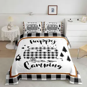 Happy Camping Comforter Set,Camper Decor All Season Luxury Bedding Set,Rustic Farmhouse Comforter,Camping Car Geometric Bedroom Home Decor Quilt Set